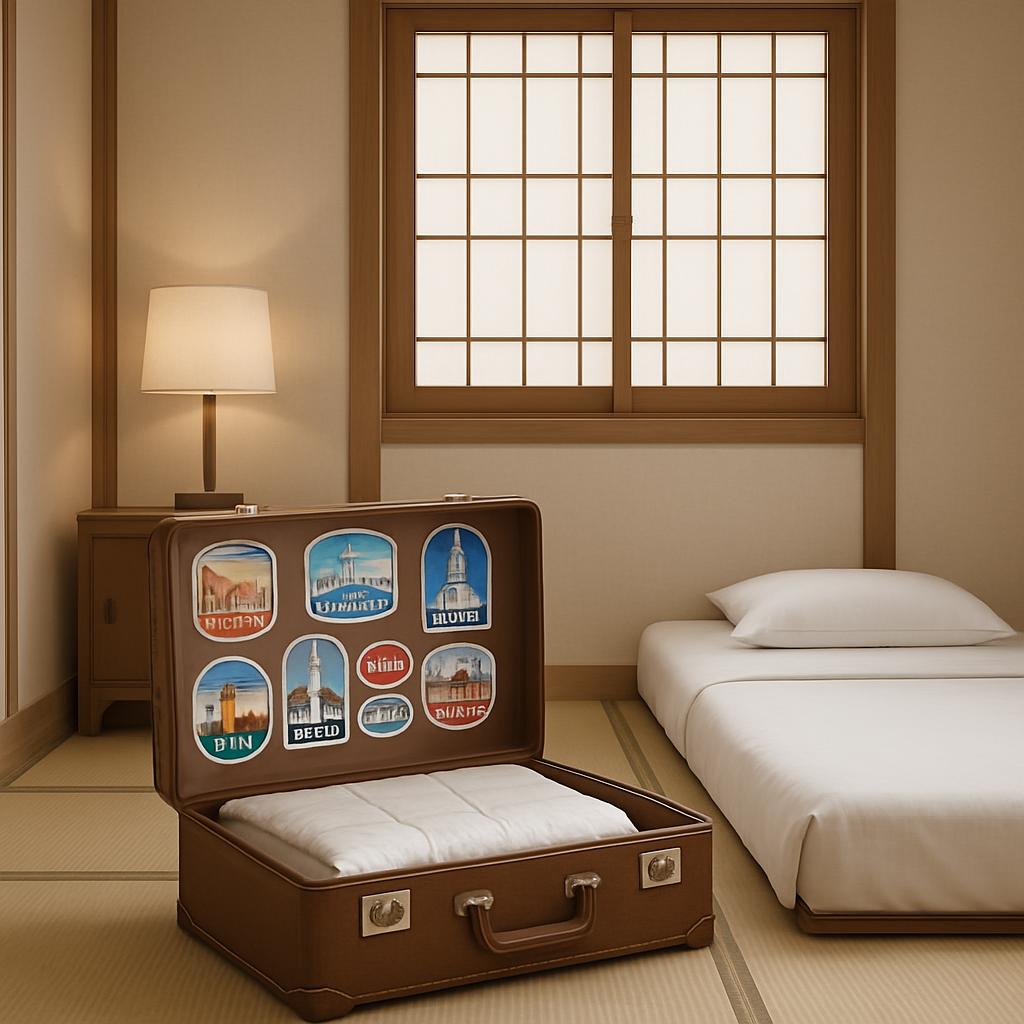 Hotel room with child's bed, traveled luggage, white sheets or duvets, small lamp on bedside chest, and shoji window. In b...