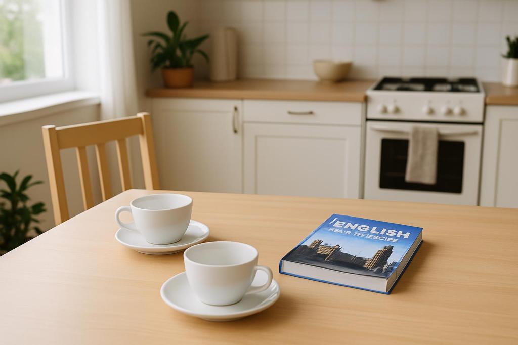 A cluttered kitchen table with two white coffee cups and a book featuring the title 'English: Near the Lescée.