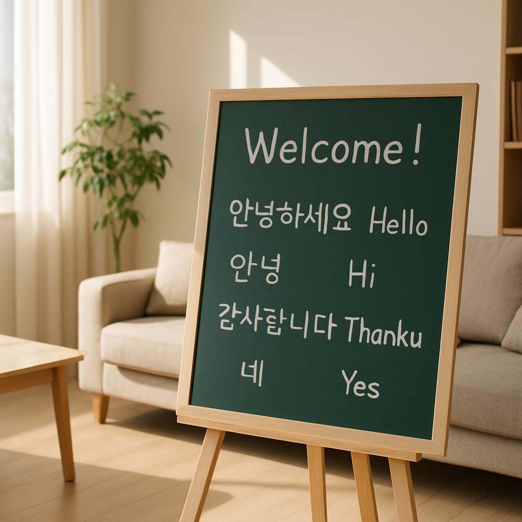 A sign with a welcome message in English and Korean languages, displayed in a living room.