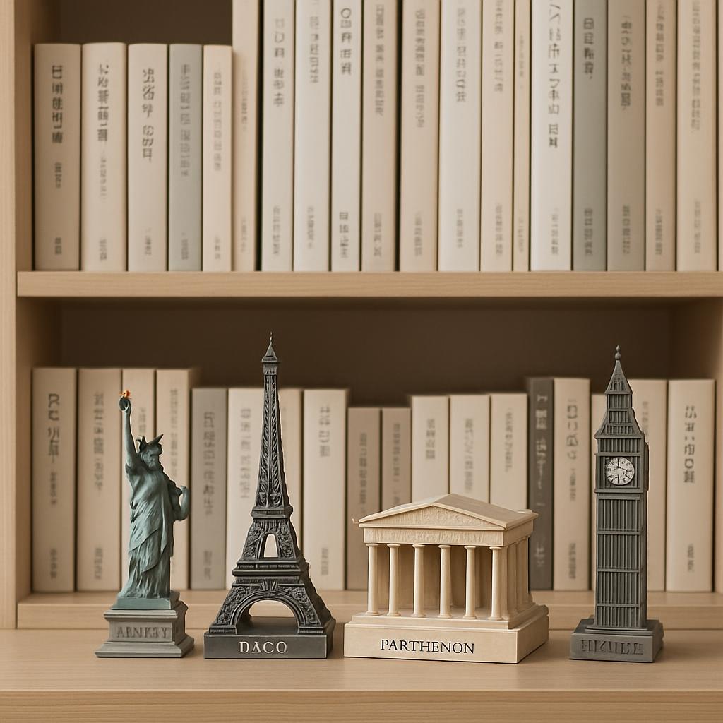 A light wood shelf filled with books and featuring a collection of miniature replicas of famous buildings, including the E...