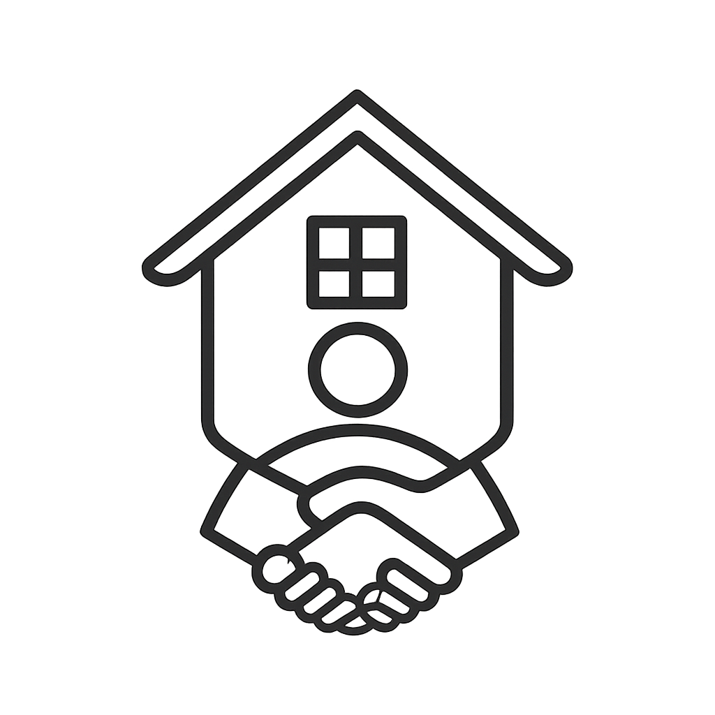 A handshake graphic with a house behind it.