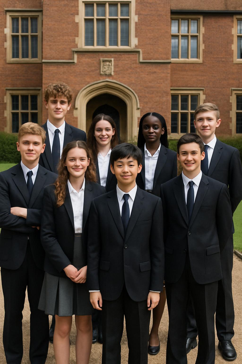 A group of eight students, consisting of three boys and five girls, are dressed in professional attire and arranged in a t...