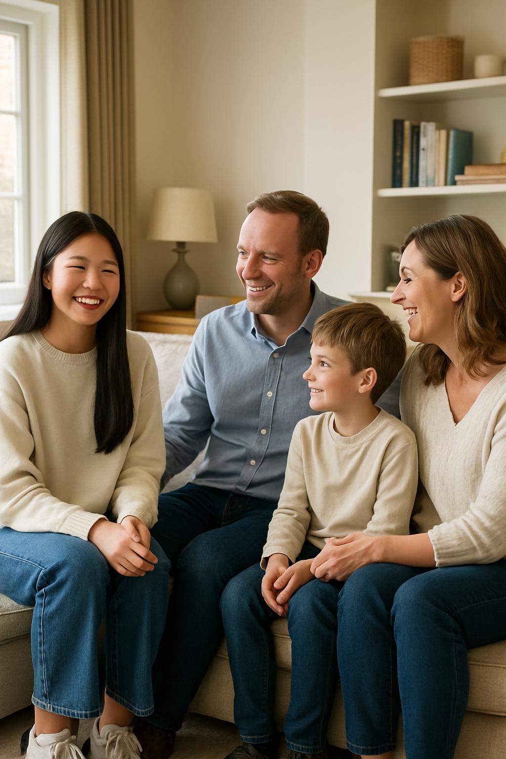 A diverse, interconnected, and integrated group of four people sitting on a cream or tan couch in a cozy living room, smil...