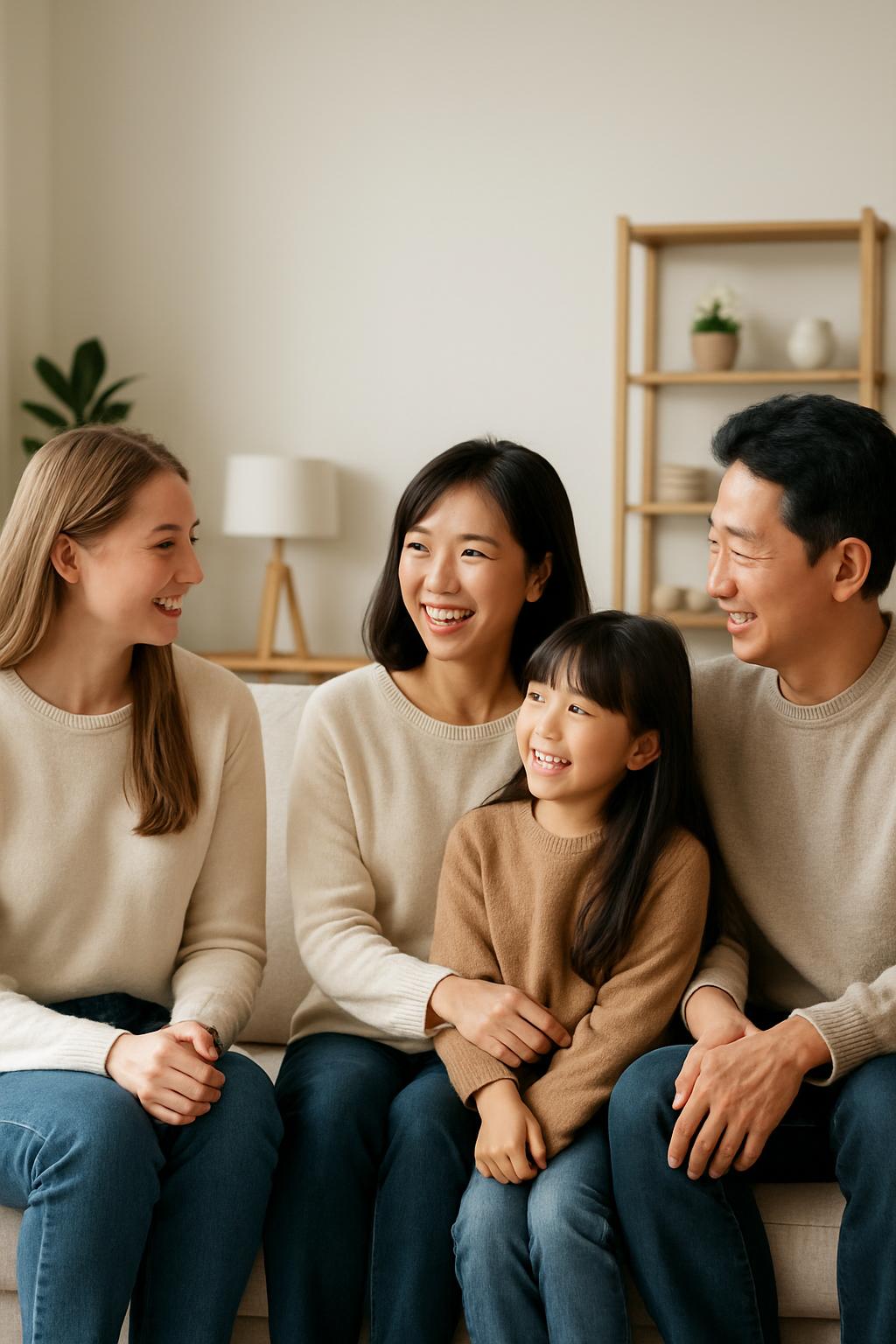 Four people sitting on a couch together in matching beige sweaters and blue jeans looking at each other and smiling. All a...