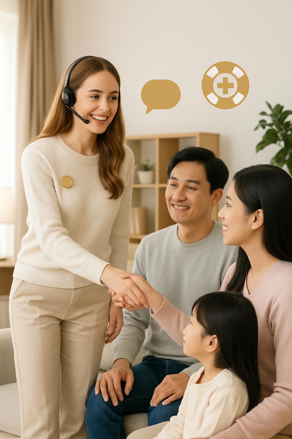 The image shows a woman in a headset talking to a family of four in a living room setting.